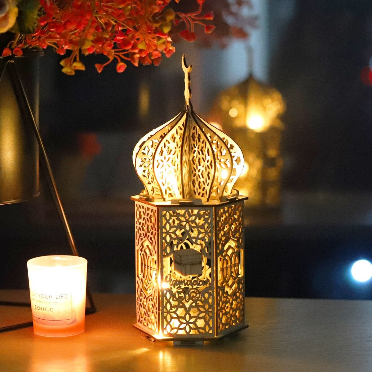 Ramadan Eid Carved Wood Masjid Lantern Decoration